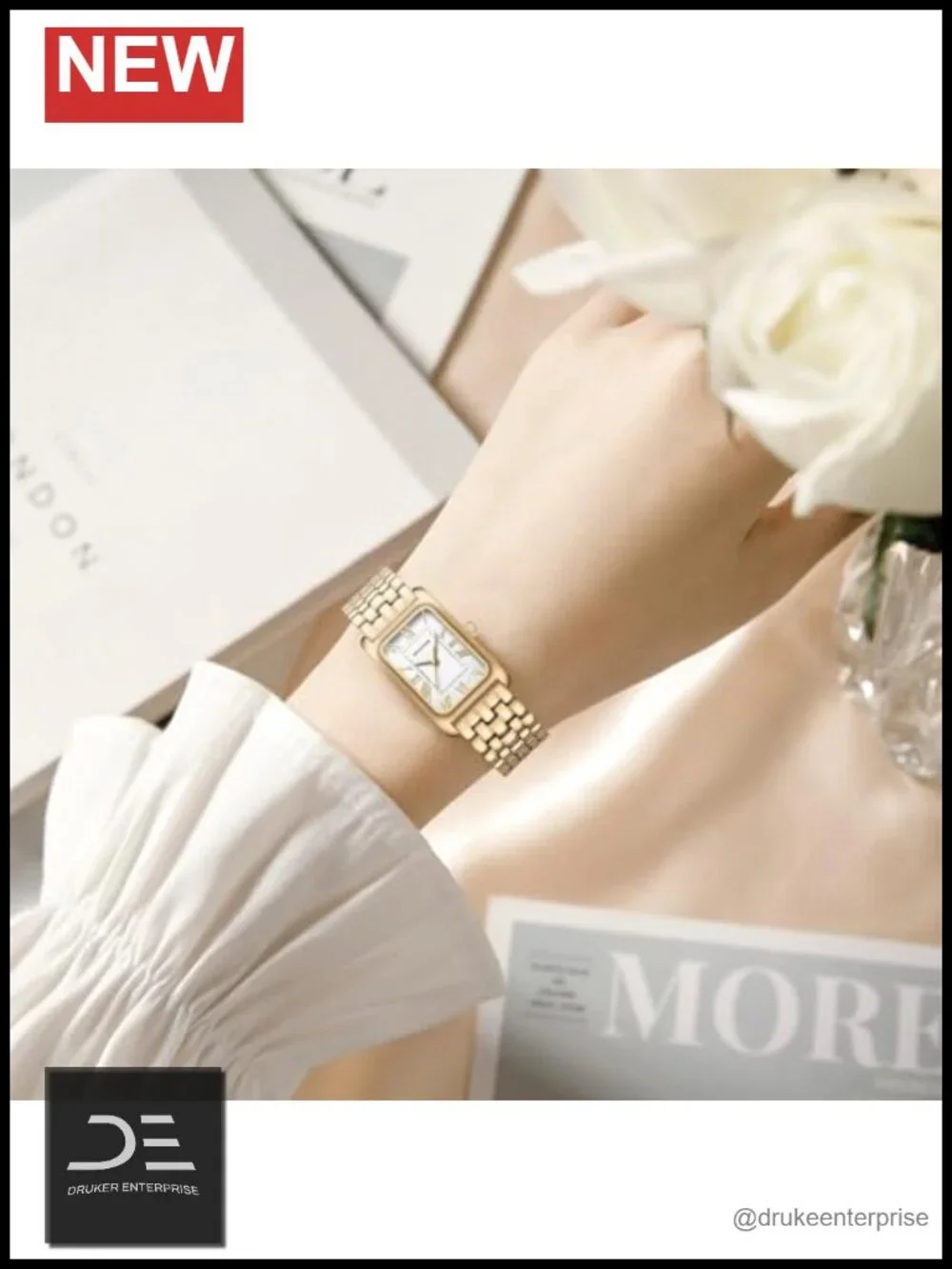 Vintage Rectangular Bracelet Watch with Roman Dial, Quartz Movement, Water